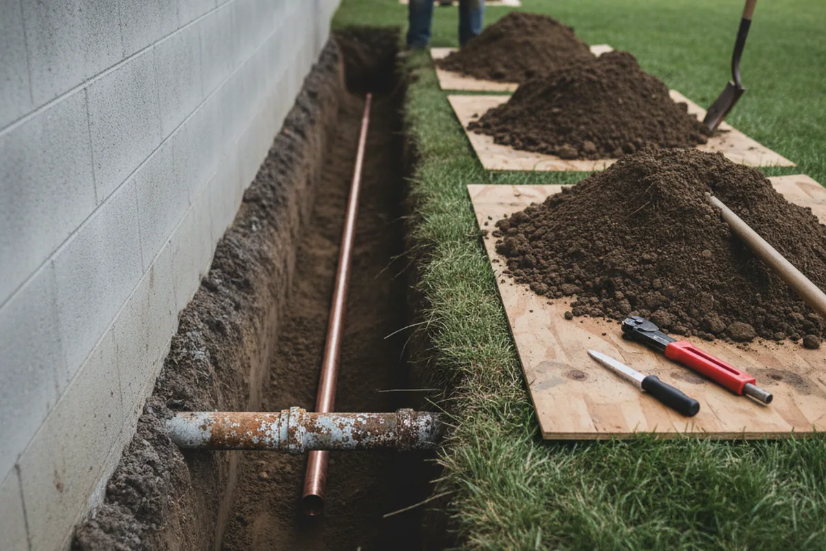 Excavated water line trench during Sewer Line Repair in Syosset